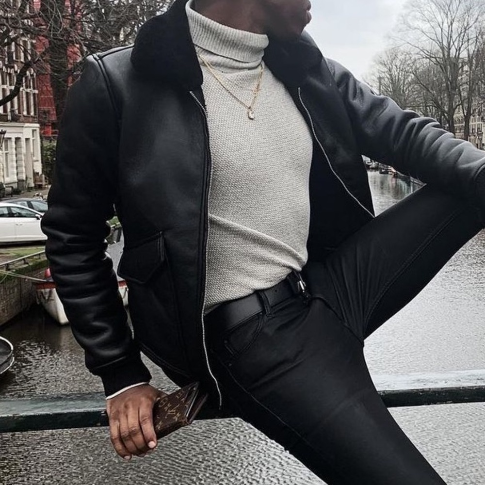 Black jacket with fur collar